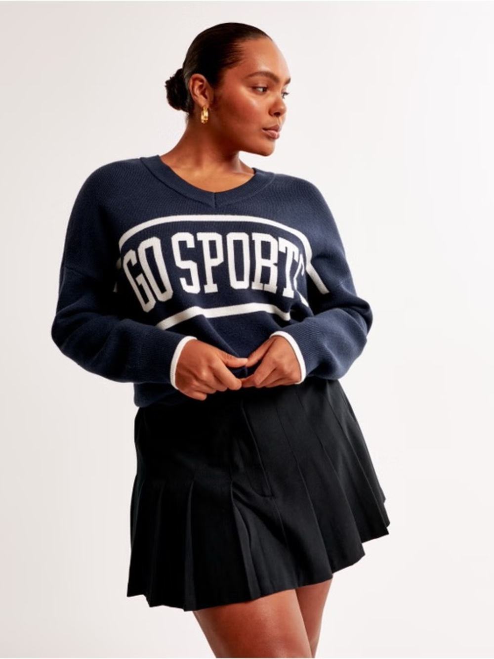 Abercrombie & Fitch Navy and White V-Neck 'GO SPORTS' Sweater